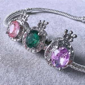 Silver Crown Charm Bracelet Princess Gemstone Pink Green Purple